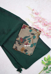 Dark Green - Kotravai - Plain khadi with kalamkari cotton blouse combo -Perfect for Regular Wear | Teachers | Professors Friendly