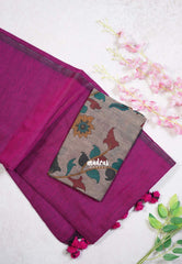 Magenta Pink - Kotravai - Plain khadi with kalamkari cotton blouse combo -Perfect for Regular Wear | Teachers | Professors Friendly