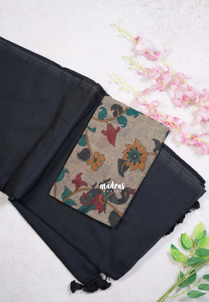 Midnight Black - Kotravai - Plain khadi with kalamkari cotton blouse combo -Perfect for Regular Wear | Teachers | Professors Friendly