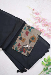 Midnight Black - Kotravai - Plain khadi with kalamkari cotton blouse combo -Perfect for Regular Wear | Teachers | Professors Friendly