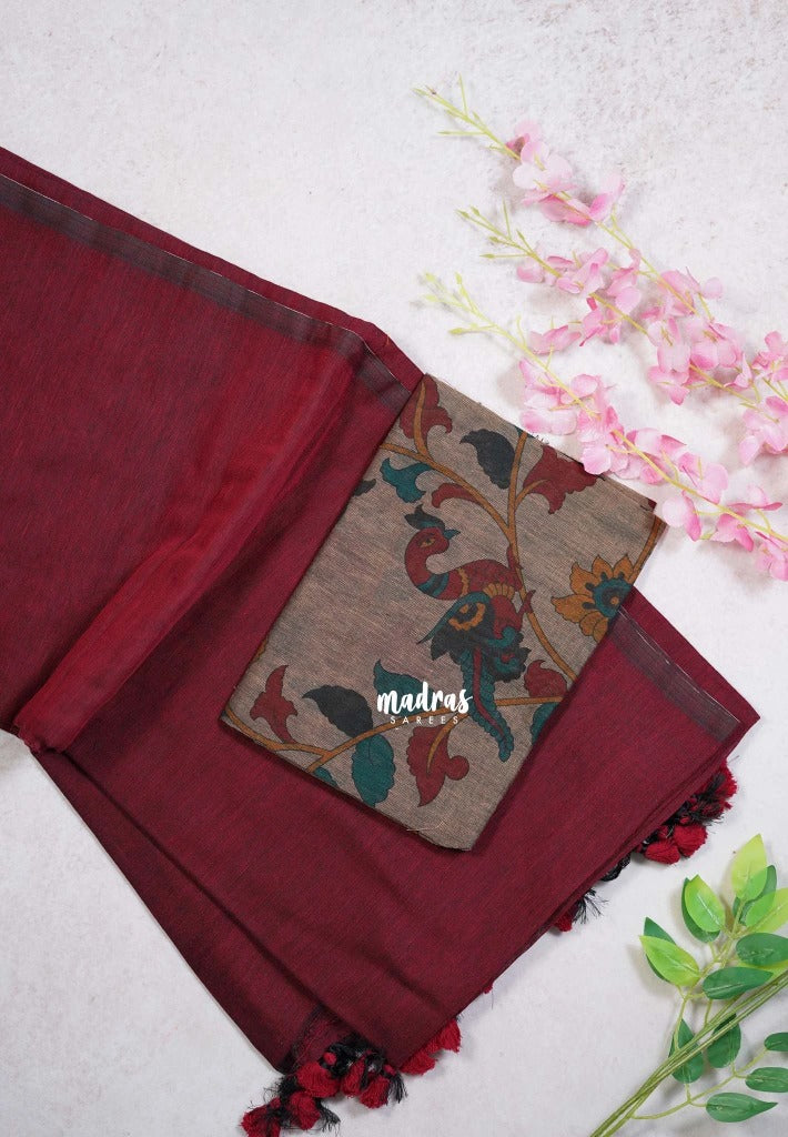 Majestic Maroon - Kotravai - Plain khadi with kalamkari cotton blouse combo -Perfect for Regular Wear | Teachers | Professors Friendly