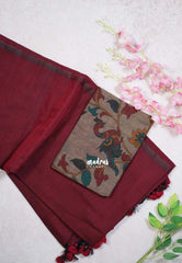 Majestic Maroon - Kotravai - Plain khadi with kalamkari cotton blouse combo -Perfect for Regular Wear | Teachers | Professors Friendly