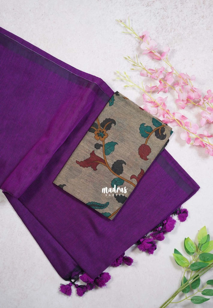Magenta Purple - Kotravai - Plain khadi with kalamkari cotton blouse combo -Perfect for Regular Wear | Teachers | Professors Friendly