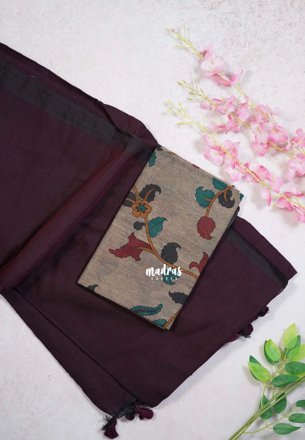 Dark Coffee Brown - Kotravai - Plain khadi with kalamkari cotton blouse combo -Perfect for Regular Wear | Teachers | Professors Friendly