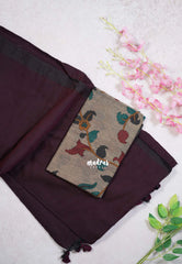 Dark Coffee Brown - Kotravai - Plain khadi with kalamkari cotton blouse combo -Perfect for Regular Wear | Teachers | Professors Friendly