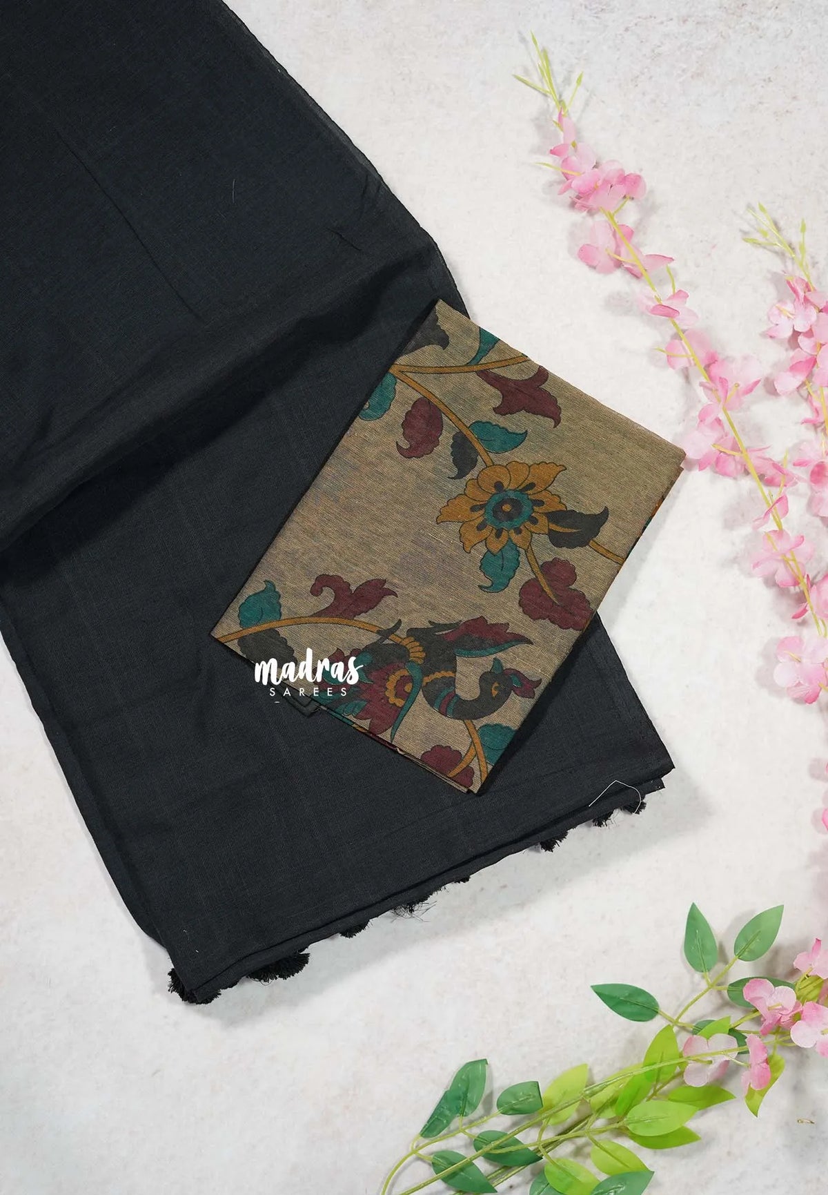 Jet Black - Kotravai - Plain khadi with kalamkari cotton blouse combo - Perfect for Regular Wear | Teachers | Professors Friendly