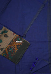 Midnight Blue - Kotravai - Plain khadi with kalamkari cotton blouse combo - Perfect for Regular Wear | Teachers | Professors Friendly