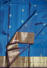 Peacock Blue - Kumudavalli - Pure Kanchivaram Wedding Bridal Silk Saree Zari Stripes Weaving with Buttas and Peacock Border - Perfect for Wedding Functions