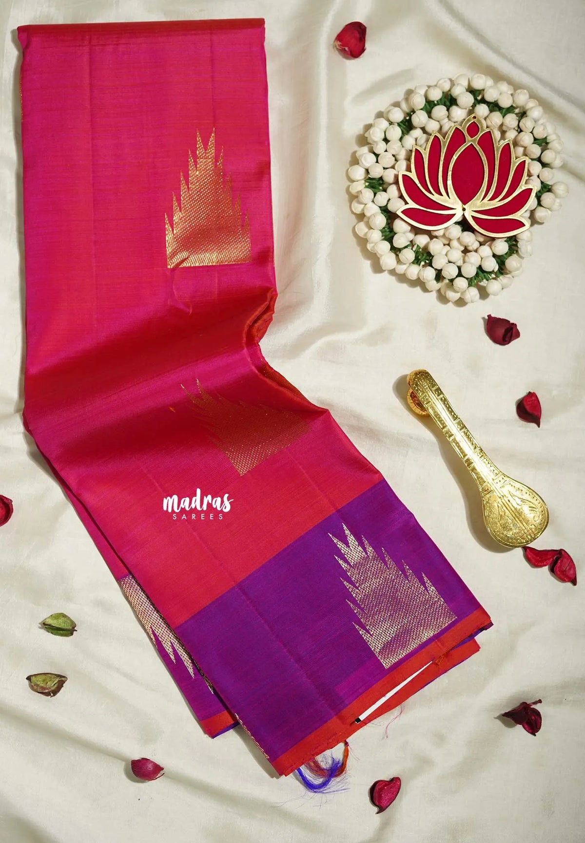 Queen's Pink - Kumudavalli - Pure Kanchivaram Wedding Bridal Silk Saree Temple Border with Temple Buttas - Perfect for Wedding Functions