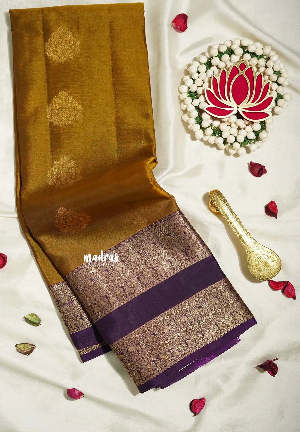 Antique Mustard Yellow - Kumudavalli - Pure Kanchivaram Wedding Bridal Silk Saree Elephant and Peacock Rettapet Border - Perfect for Wedding Functions