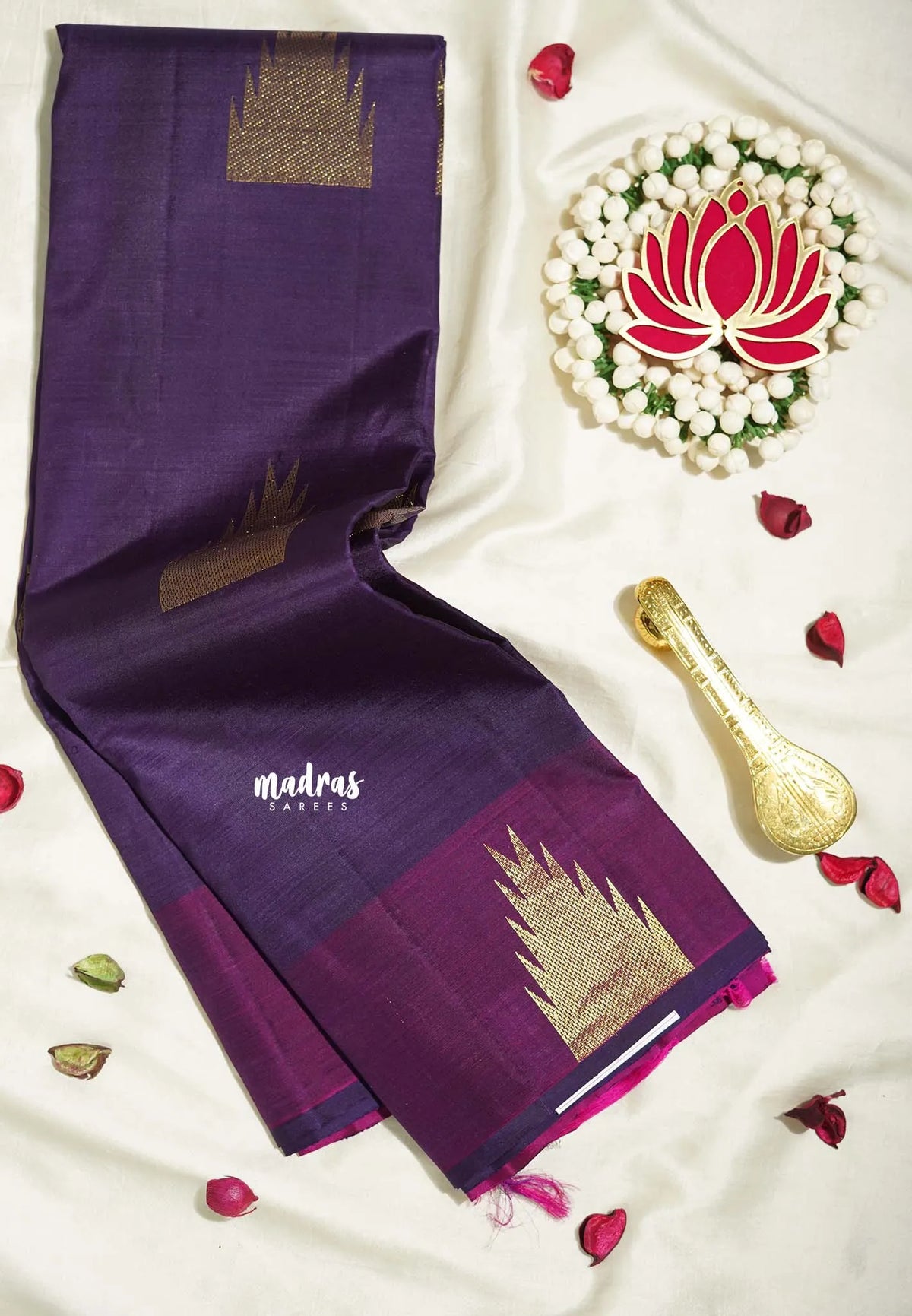 Jamun Purple - Kumudavalli - Pure Kanchivaram Wedding Bridal Silk Saree Temple Border with Temple Buttas - Perfect for Wedding Functions