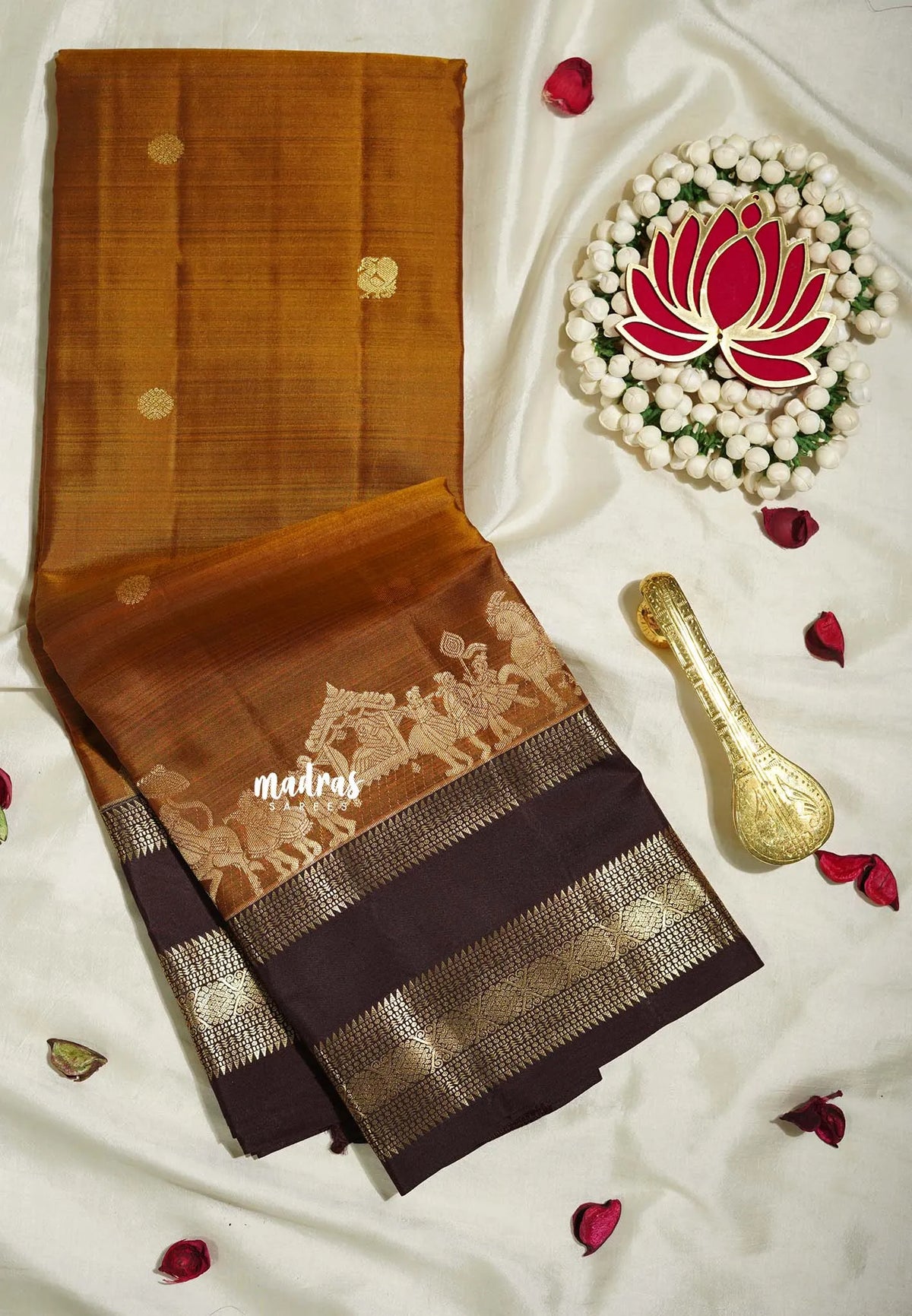 Mustard Honey - Kumudavalli - Pure Kanchivaram Wedding Bridal Silk Saree Contrast Pallu and Blouse with Pallaku Design Weaving Border - Perfect for Wedding Functions / Gifting