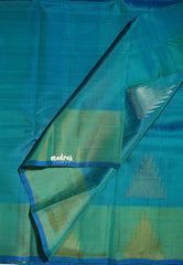 Teal Green - Kumudavalli - Pure Kanchivaram Wedding Bridal Silk Saree Temple Border with Temple Buttas - Perfect for Wedding Functions
