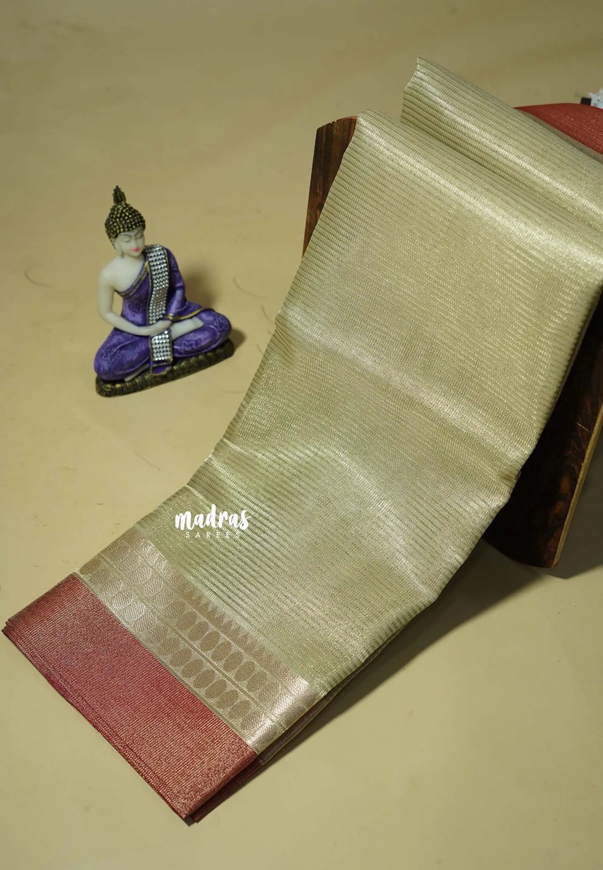 Dual shade Taupe with Red - Kushboo - Banarasi Tissue silk saree with Rudraksham border