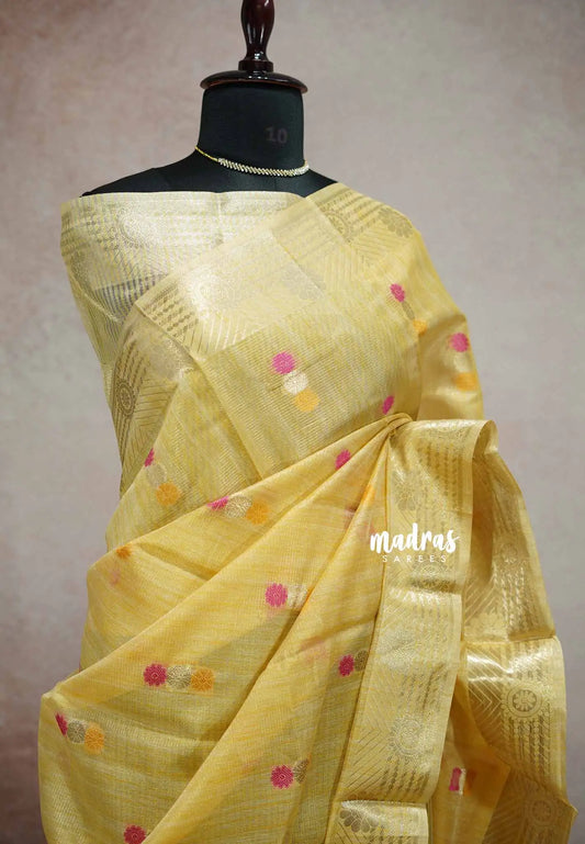 Golden Yellow - Banarasi Kota Tissue Ghicha silk Pastel shades - Kushboo