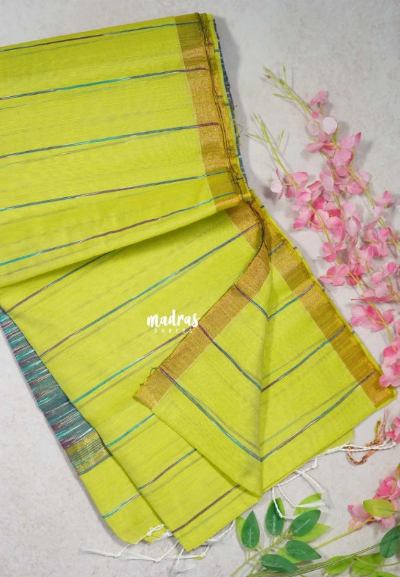 Greenish Yellow D2 - Leela Soft Khadi with Ikkat Pallu - Perfect for Regular Wear | Office Wear | Casual Wear