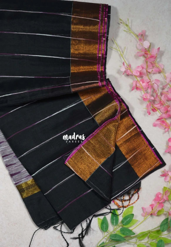 Jet Black D2- Leela Soft Khadi with Ikkat Pallu - Perfect for Regular Wear | Office Wear | Casual Wear