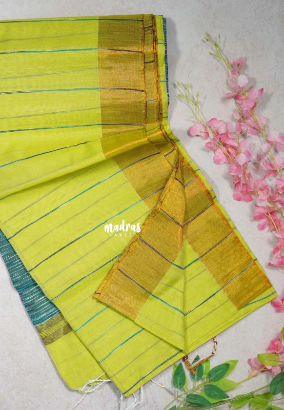 Greenish Yellow D1 - Leela Soft Khadi with Ikkat Pallu - Perfect for Regular Wear | Office Wear | Casual Wear