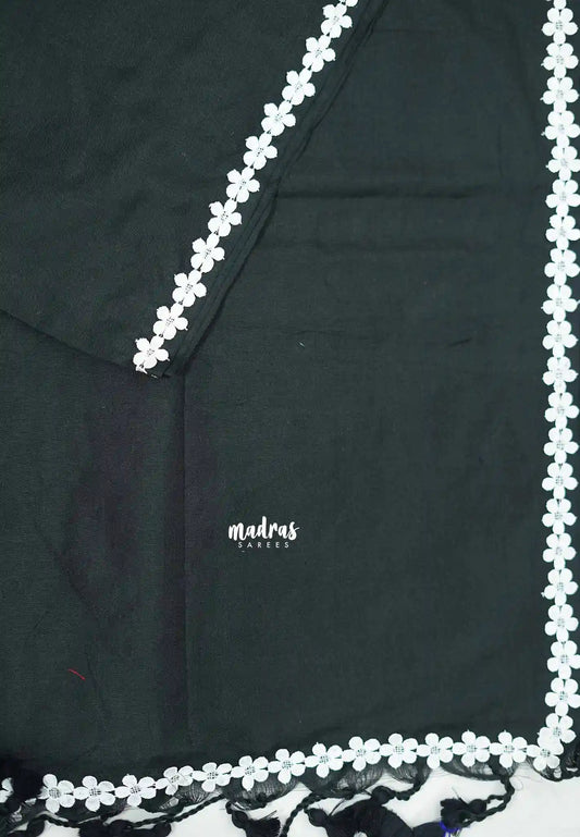 Leela -  Plain khadi with floral lace border - Black