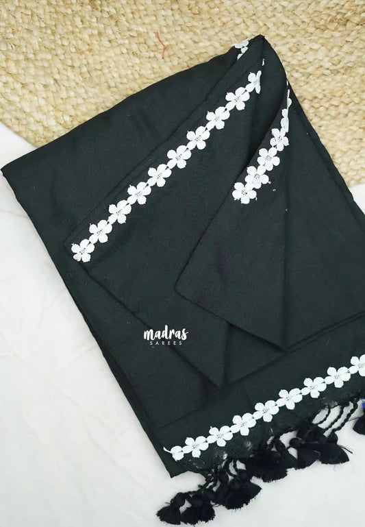 Leela -  Plain khadi with floral lace border - Black