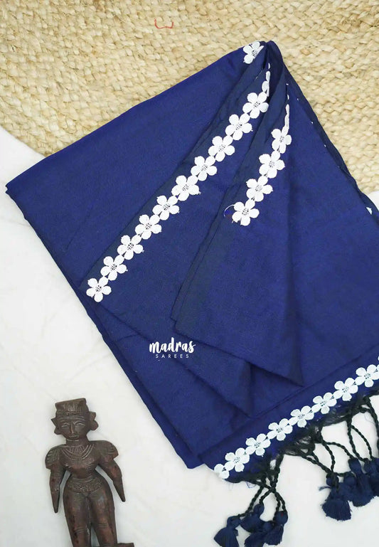 Leela -  Plain khadi with floral lace border - Deep blue