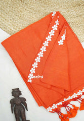 Leela -  Plain khadi with floral lace border - Orange