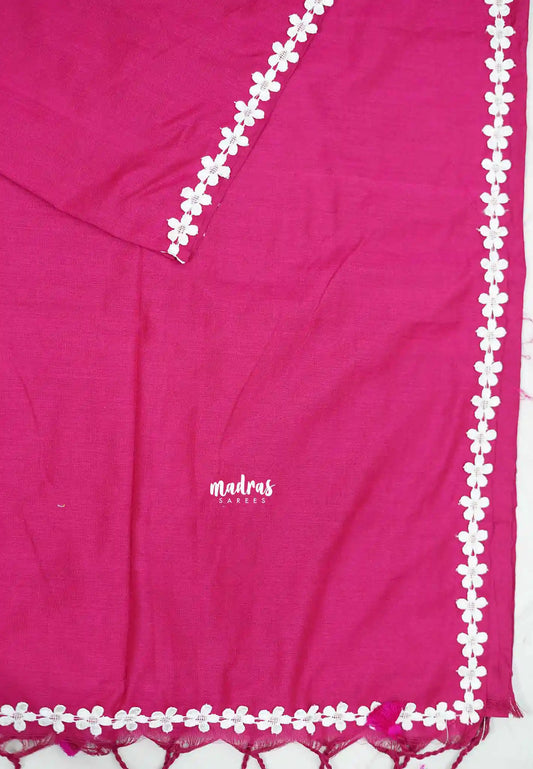 Leela -  Plain khadi with floral lace border - Rani pink