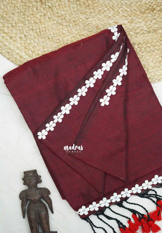 Leela -  Plain khadi with floral lace border - Maroon