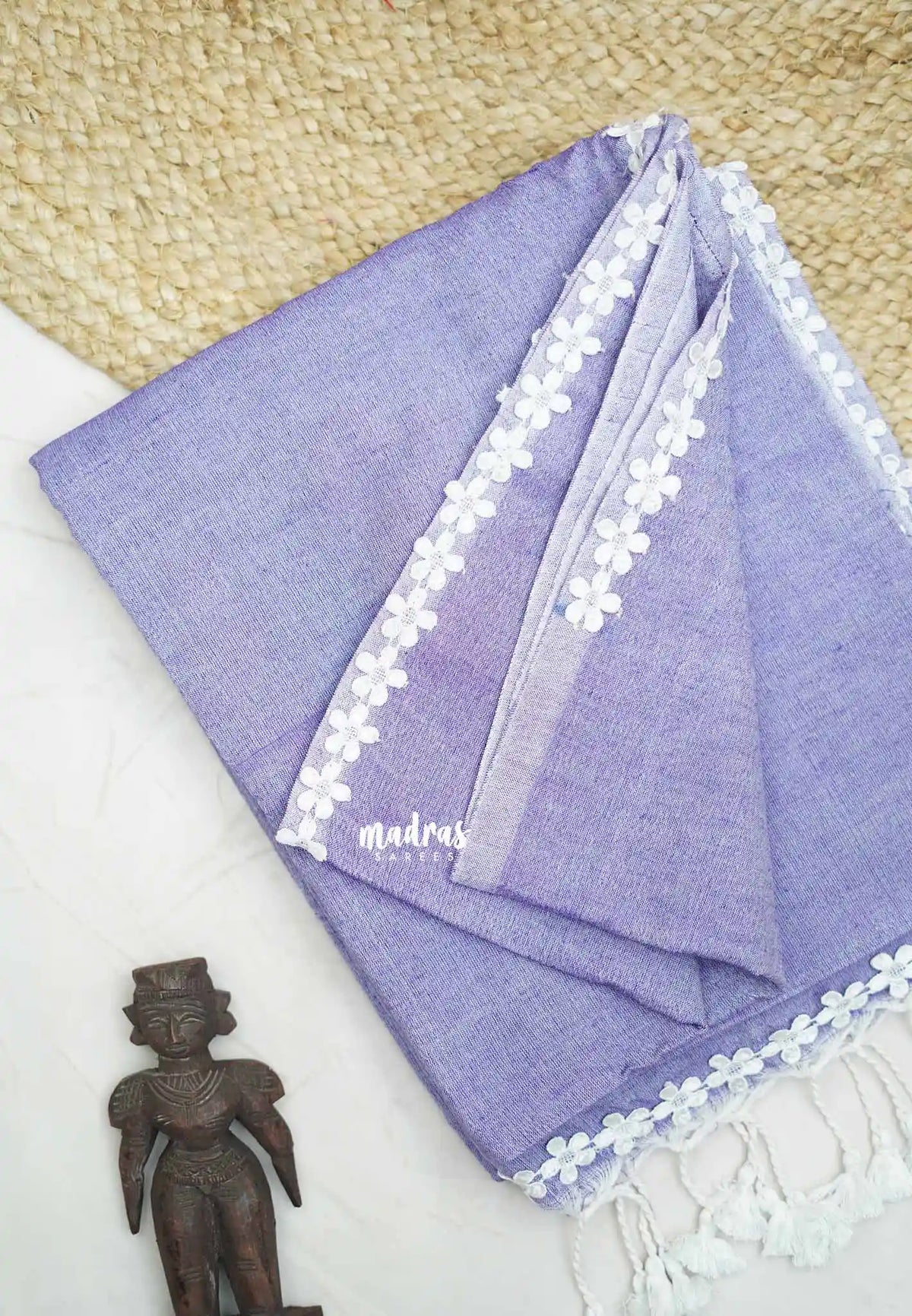 Leela -  Plain khadi with floral lace border - Mild lavender