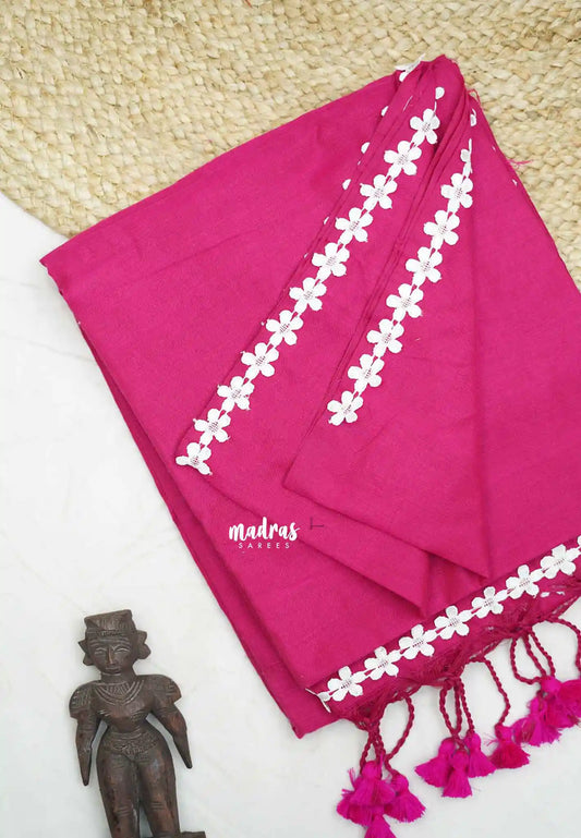 Leela -  Plain khadi with floral lace border - Rani pink