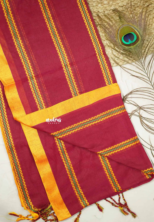 Leela -  Soft khadi saree with horizontal zigzag thread weaving - Reddish pink