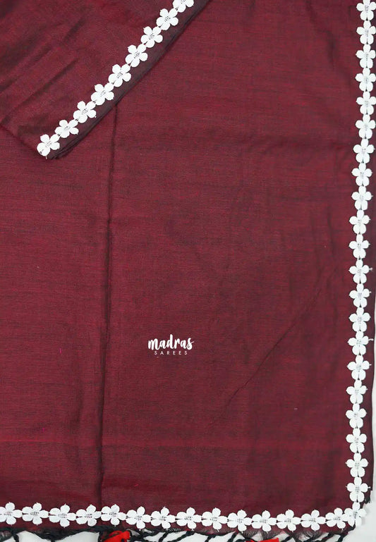 Leela -  Plain khadi with floral lace border - Maroon