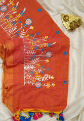 Saffron orange - Leela soft Khadi with Floral Embroidered - Perfect for Office Wear