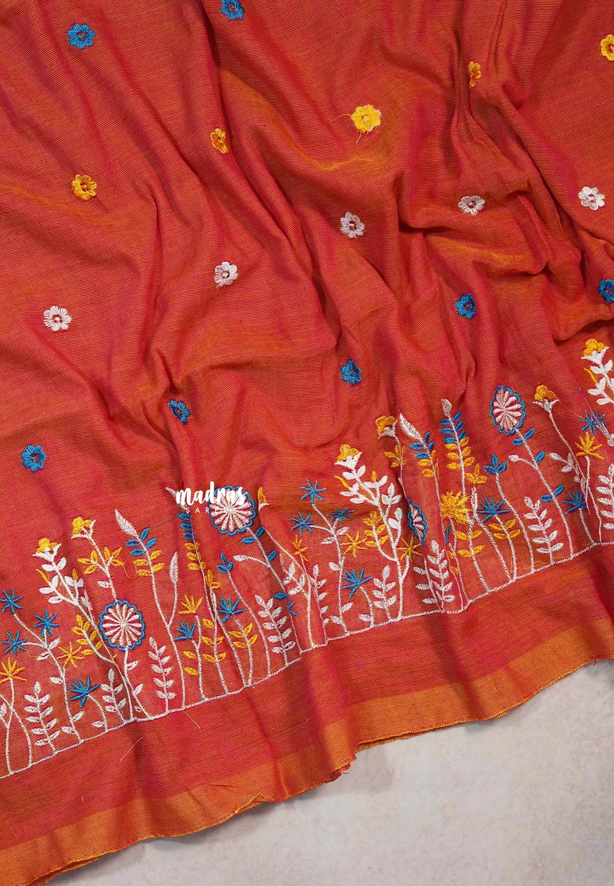 Saffron orange - Leela soft Khadi with Floral Embroidered - Perfect for Office Wear