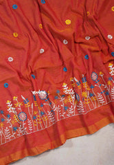 Saffron orange - Leela soft Khadi with Floral Embroidered - Perfect for Office Wear