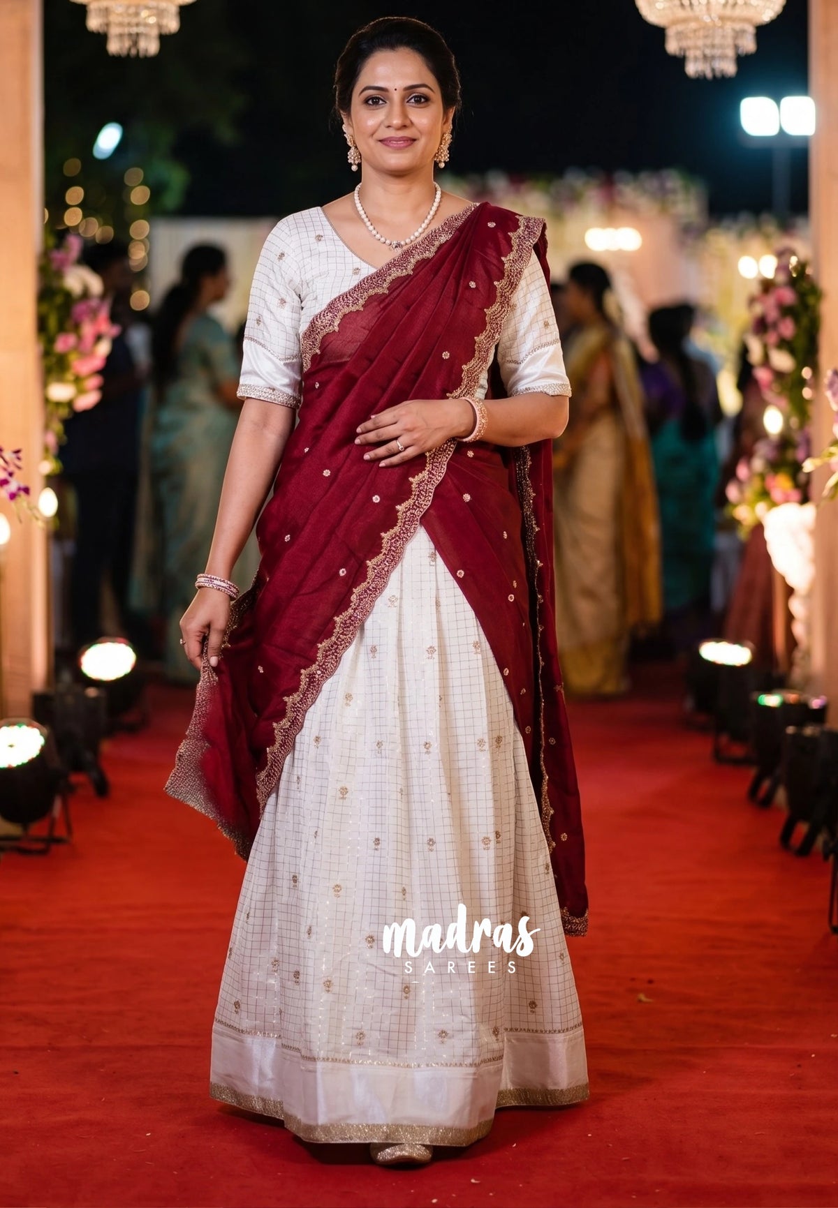 Ivory White with Maroon - Trending Viscose Georgette Half Saree Set - Stitched - Devasena - Perfect for Festive Functions