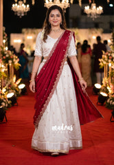 Ivory White with Maroon - Trending Viscose Georgette Half Saree Set - Stitched - Devasena - Perfect for Festive Functions