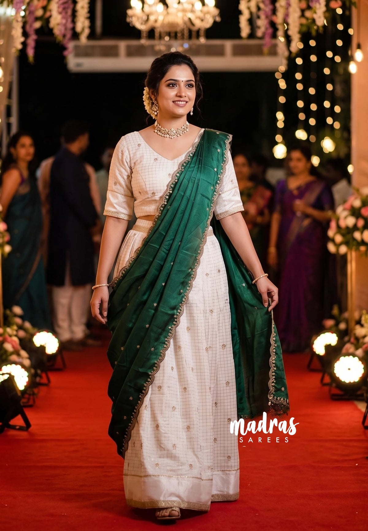 Ivory White with Green - Trending Viscose Georgette Half Saree Set - Stitched - Devasena - Perfect for Festive Functions