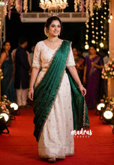 Ivory White with Green - Trending Viscose Georgette Half Saree Set - Stitched - Devasena - Perfect for Festive Functions