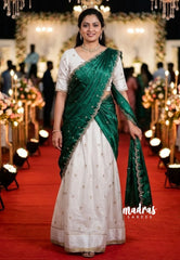 Ivory White with Green - Trending Viscose Georgette Half Saree Set - Stitched - Devasena - Perfect for Festive Functions