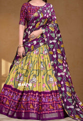 Bridal Lehenga / Paavadai Thaavani Yellow and Purple pichwai with Patola prints - Semi stitched