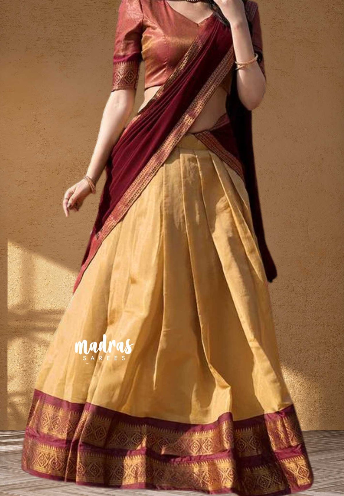 Bridal Lehenga / Paavadai Thaavani Beige with Maroon - Semi stitched