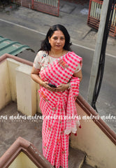 White with Pink - Linen Cotton Saree Madras Checks with Rose Flower Prints - Best for Office Wear | Casual Wear