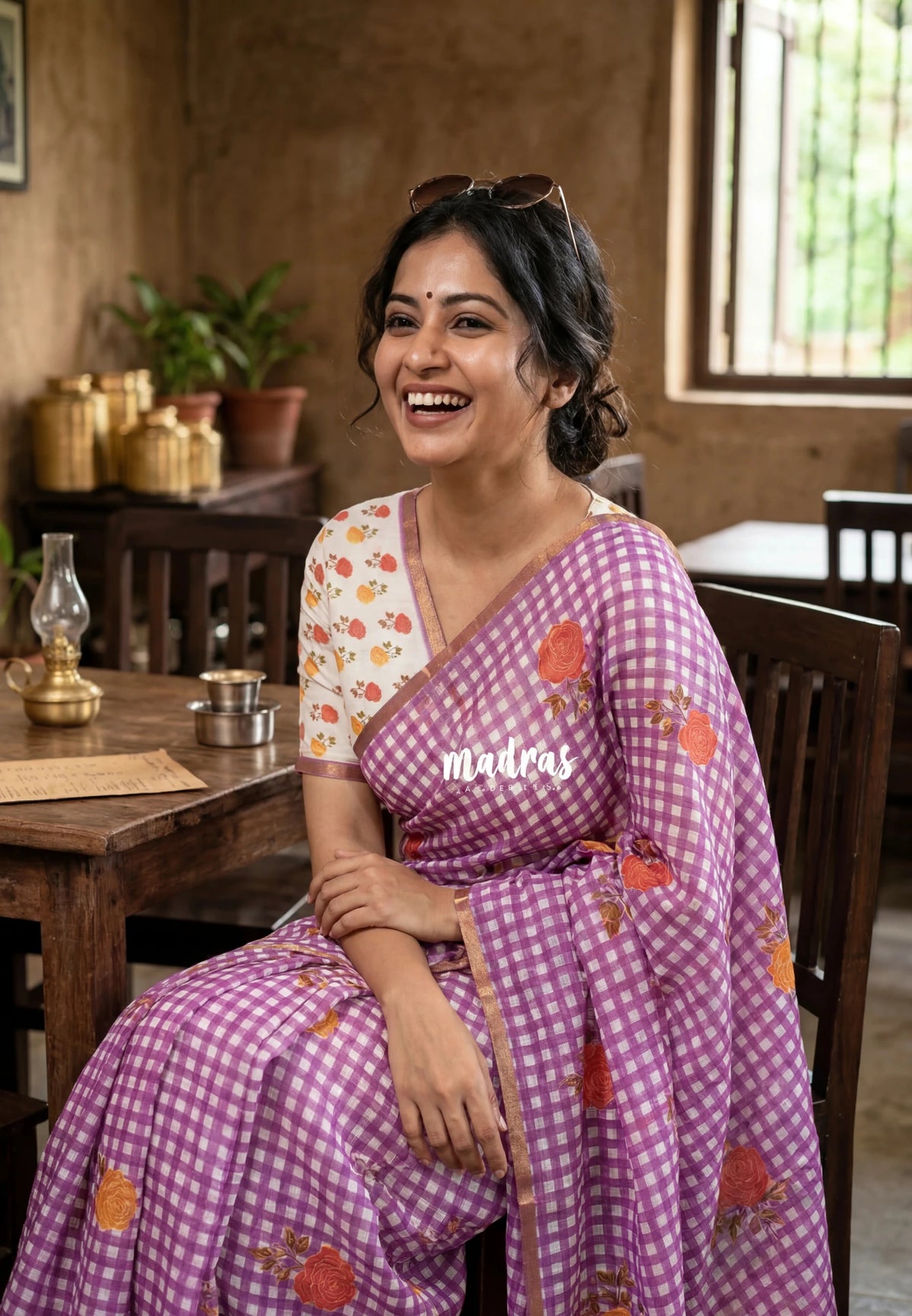 White with Lilac Pink - Linen Cotton Saree Madras Checks with Rose Flower Prints - Best for Office Wear | Casual Wear