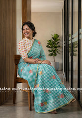 White with Turquoise Blue - Linen Cotton Saree Madras Checks with Rose Flower Prints - Best for Office Wear | Casual Wear