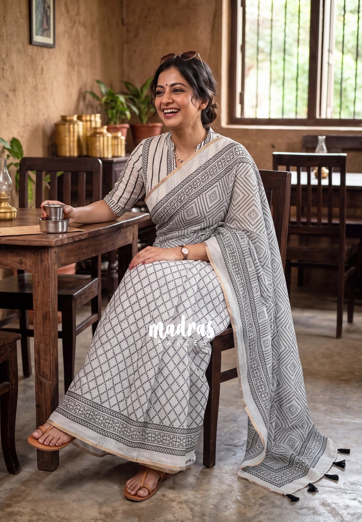 Black and White - Linen Cotton Saree Partly Pallu with Tiny Border - Best for Office Wear | Casual Wear