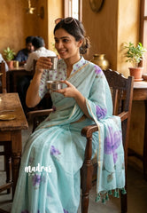 (PRE-BOOKING) Pastel Turquoise blue - Linen Cotton Saree with Flower Prints - Best for Office Wear | Casual Wear