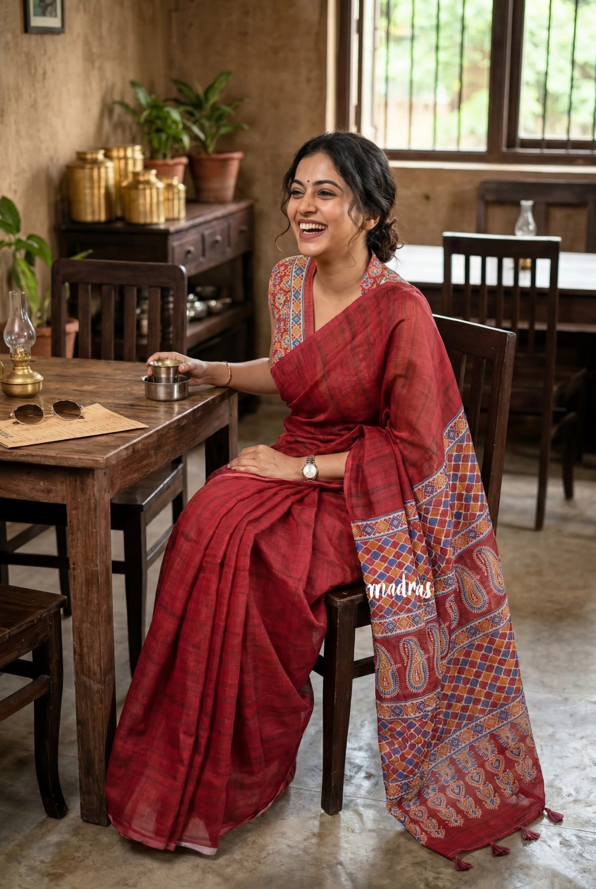 crimson red - Pragathi - Linen Cotton Saree with Ajrakh Pallu and Blouse - Best for Office Wear | Casual Wear