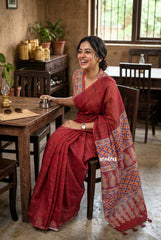 crimson red - Pragathi - Linen Cotton Saree with Ajrakh Pallu and Blouse - Best for Office Wear | Casual Wear