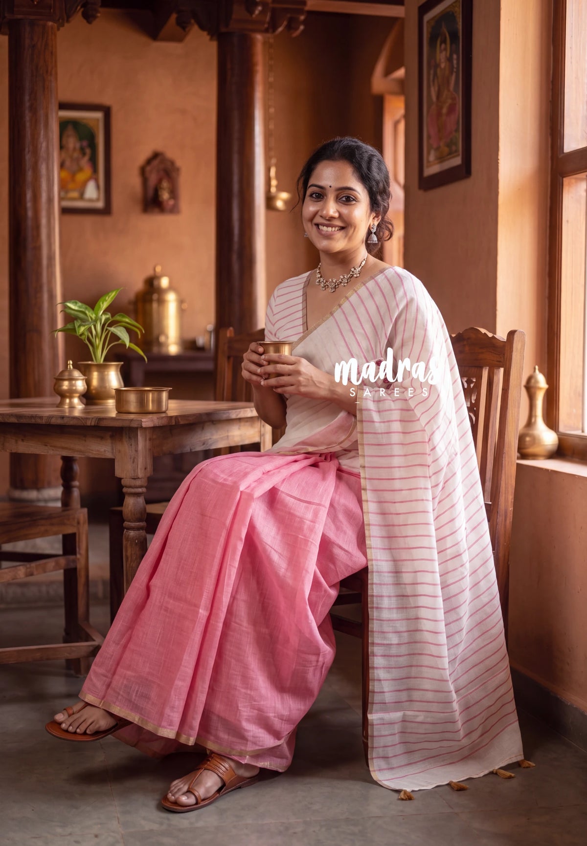 Ivory and Pink - Linen Cotton Saree Partly Pallu with Tiny Border - Best for Office Wear | Casual Wear
